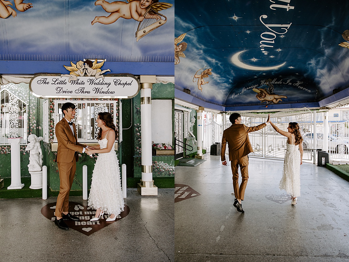 newly weds high five after Best Time To Get Married in Las Vegas