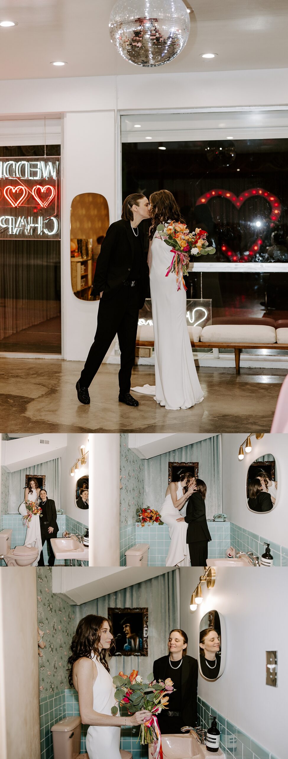 Brides share a kiss in chapel bathroom by Las Vegas wedding photographer 