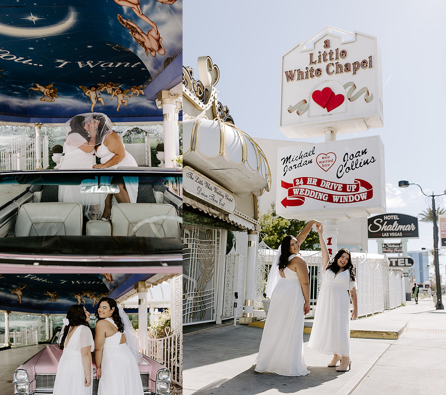 brides kiss in car at Little White Chapel for day with LGBTQ+ friendly vendors