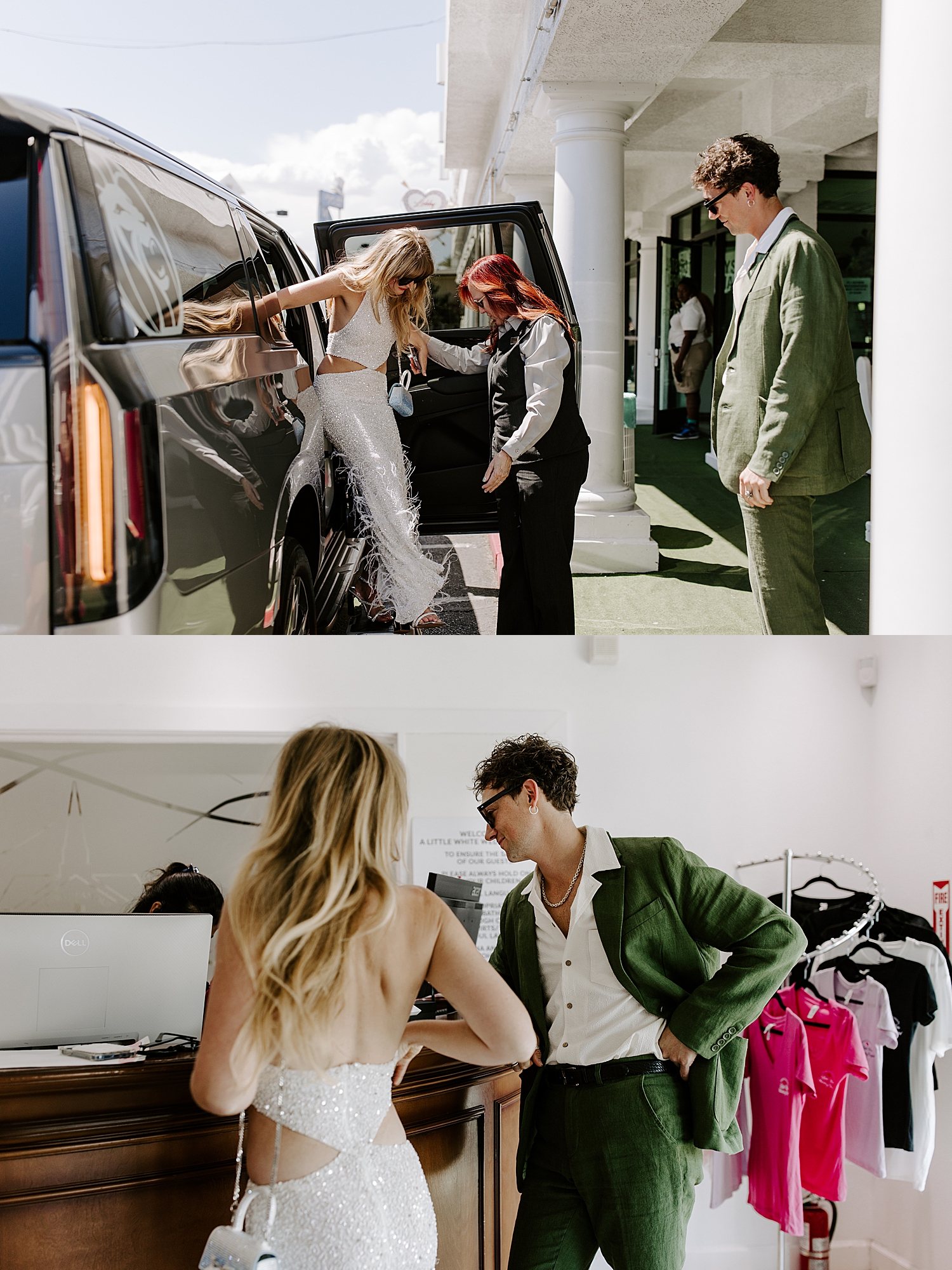 woman steps out of car for LWC ceremony by Las Vegas wedding photographer