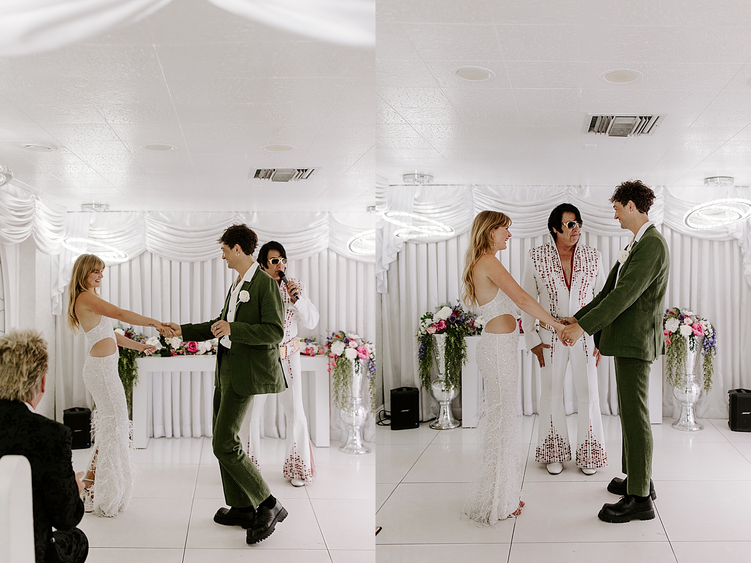 bride and groom stand with Elvis at little white chapel