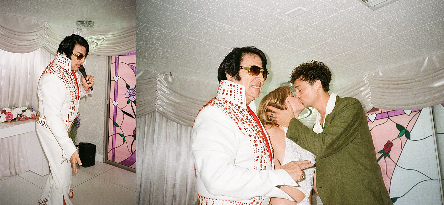 husband and wife kiss in front of Elvis by Las Vegas wedding photographer
