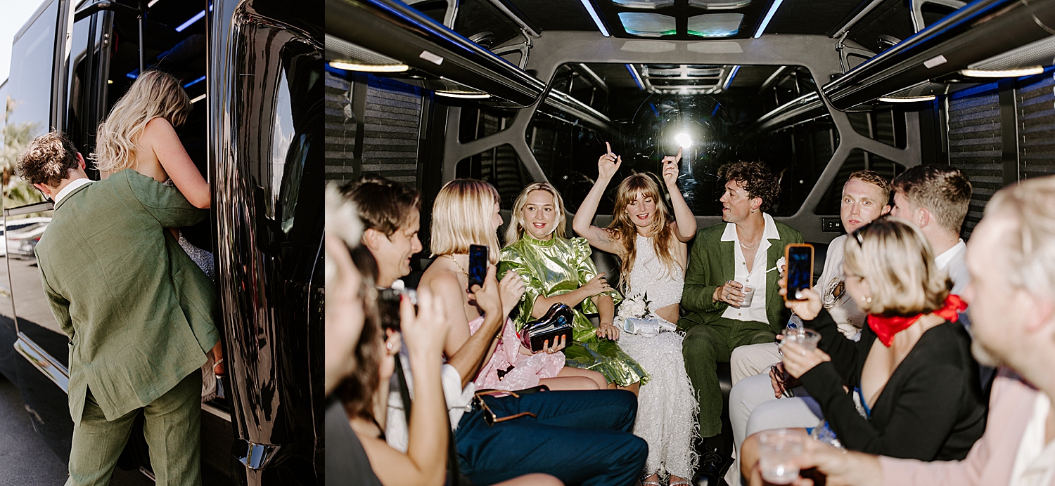 couple dance with guests in party bus on the way to Bellagio reception