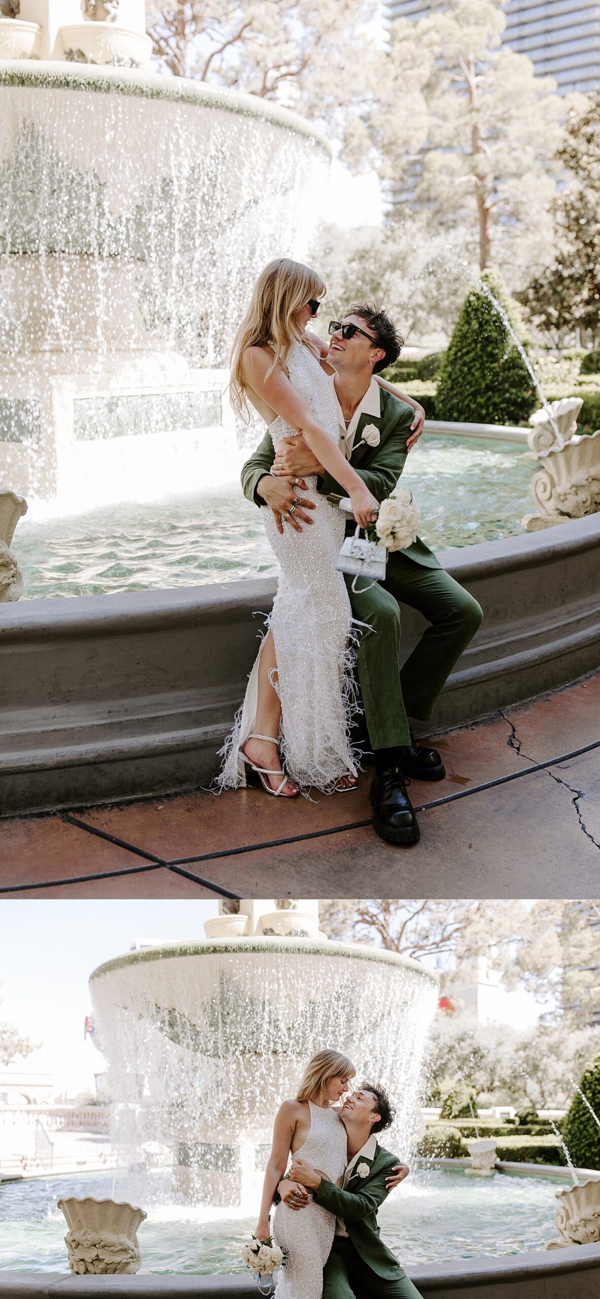 man and woman sit on fountain by las Vegas wedding photographer