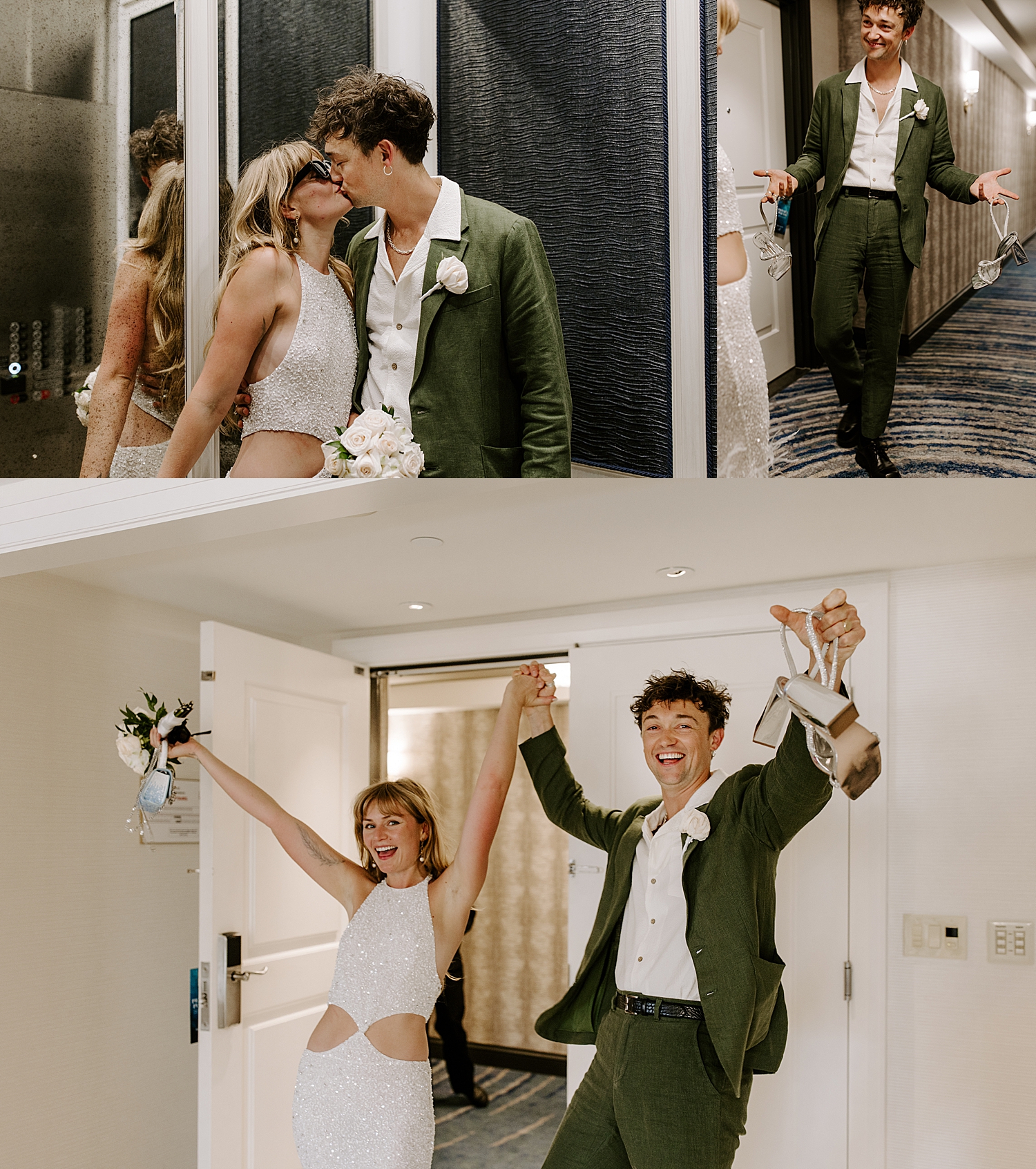 man in green suit holds his wife's heels at Bellagio reception