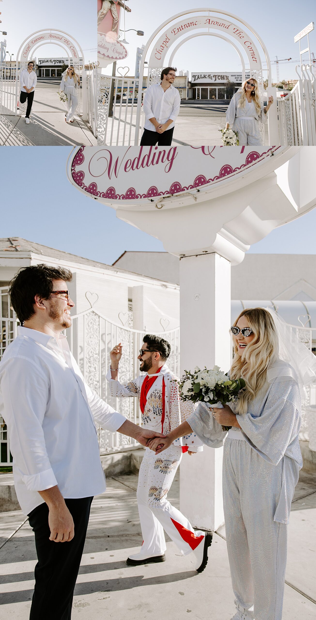 couple laughs with elvis on their rio de janeiro to little while chapel day