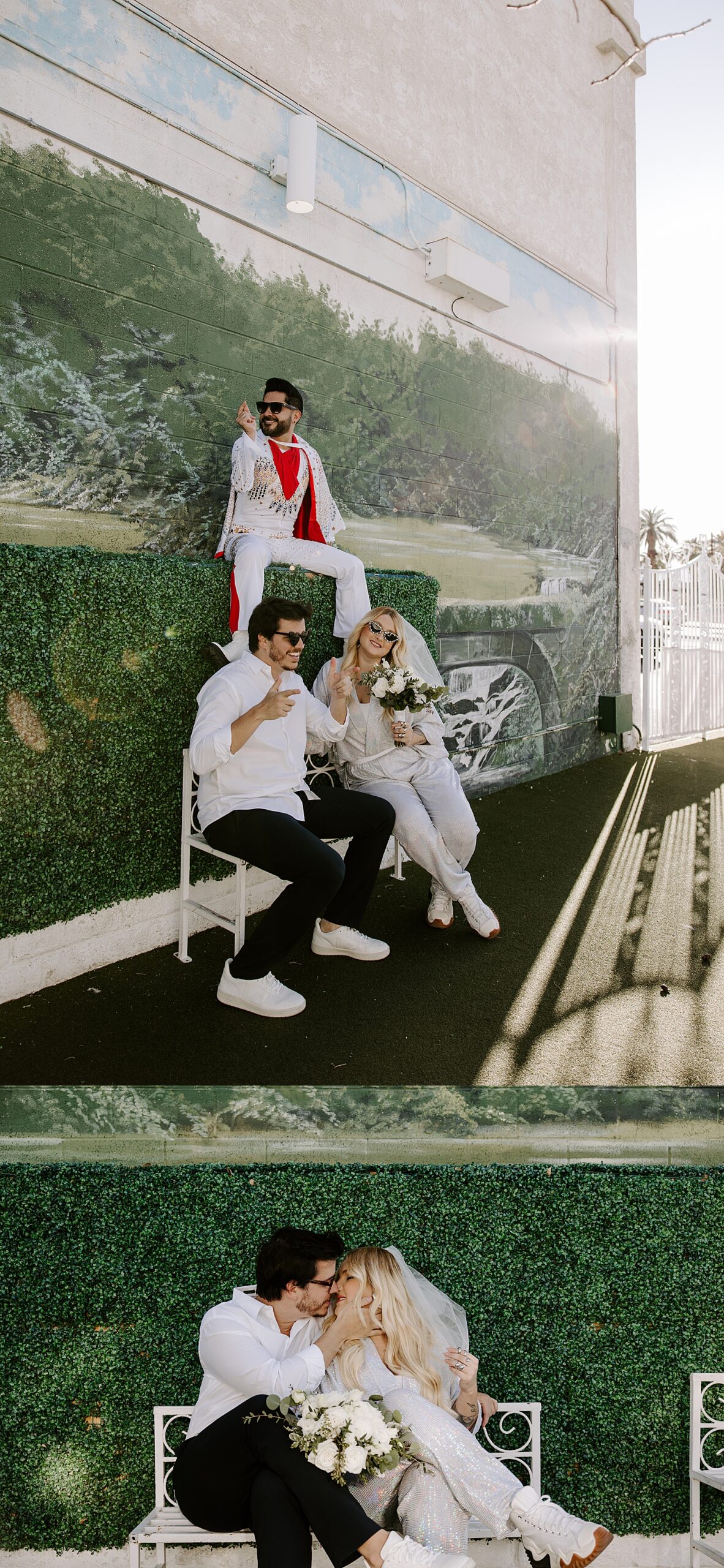 couple sitting on bench with elvis on their rio de janeiro to little while chapel day