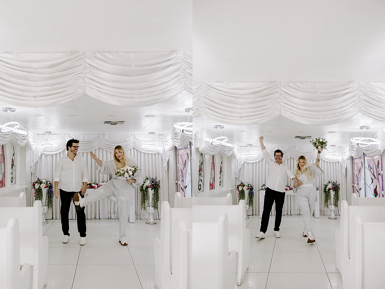 newlyweds throw hands in air at rio de janeiro to little while chapel day