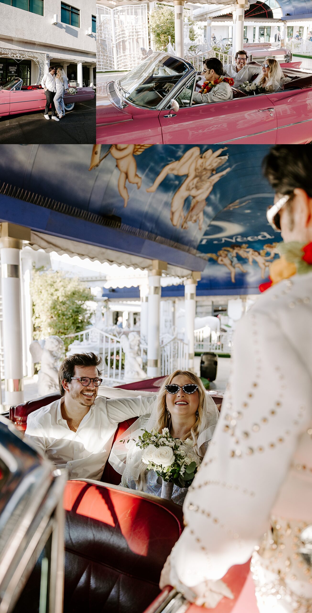newlyweds sit in pink car with elvis at rio de janeiro to little while chapel day