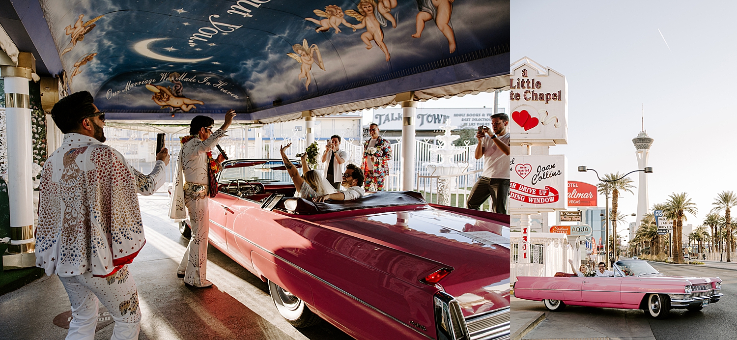 elvis waves off bride and groom in pink car by Las Vegas wedding photographer