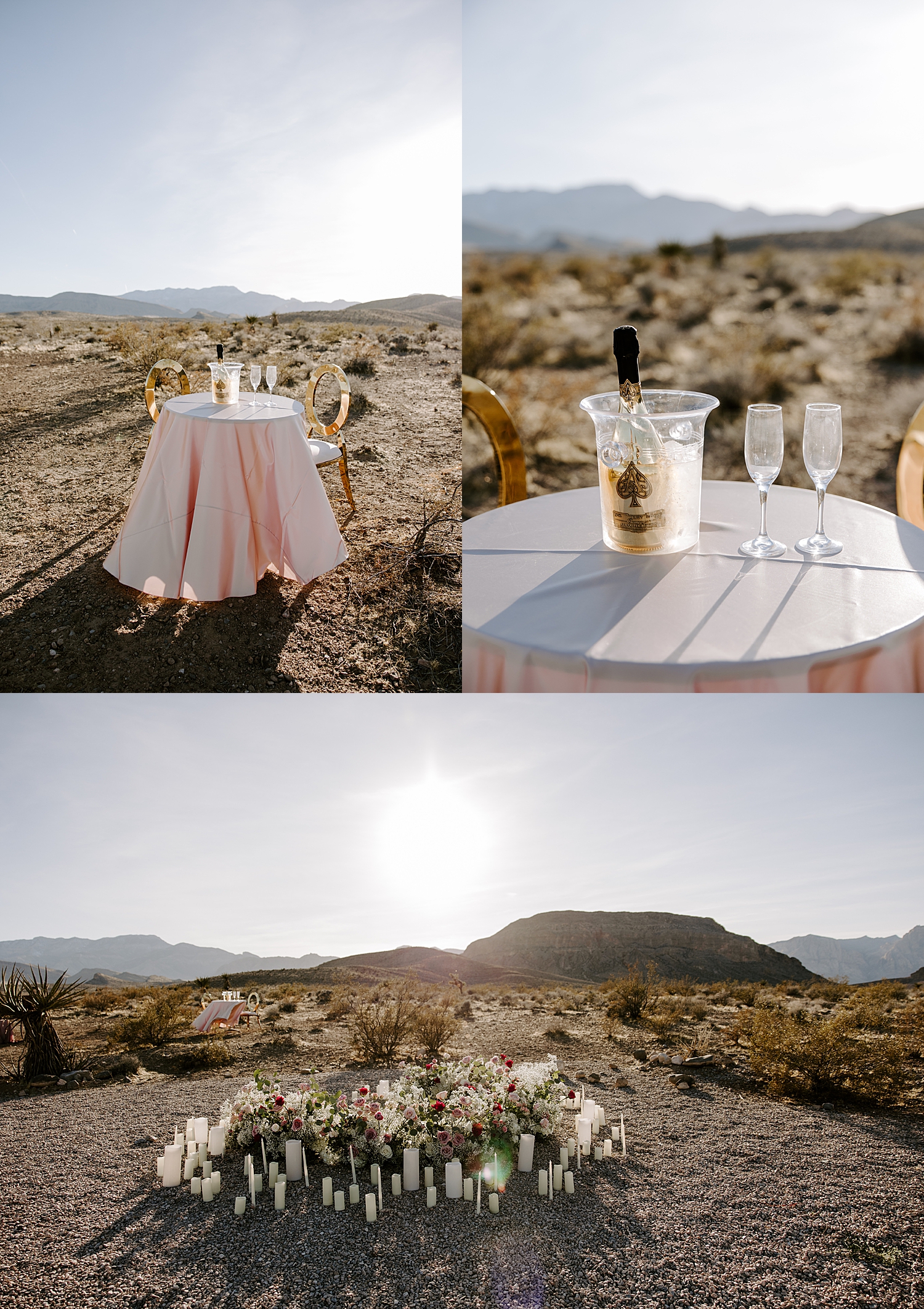 candles and champagne set out for desert surprise proposal