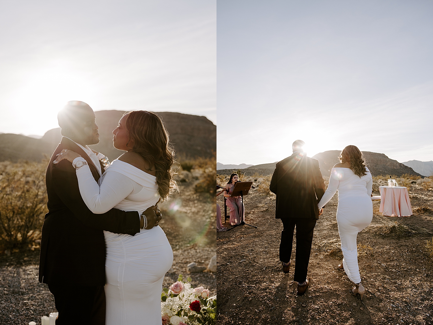 man and woman walk to sunset dinner outside by Las Vegas wedding photographer