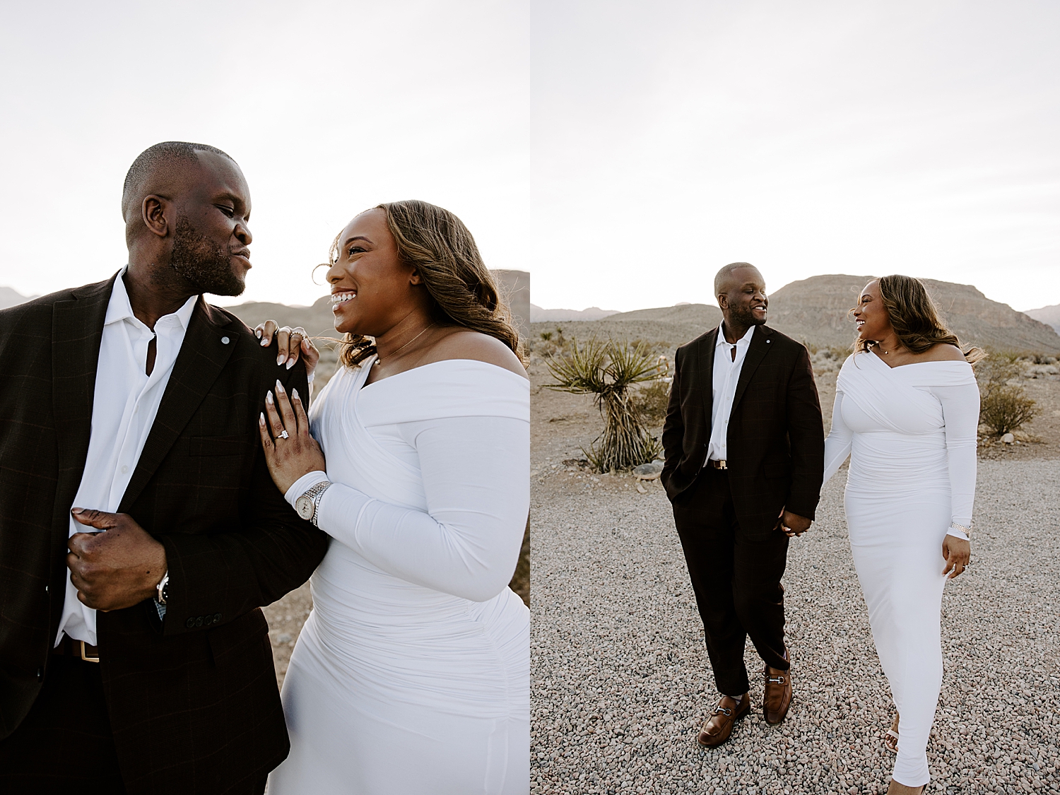 couple giggle together outside at sunset after getting engaged by Katelyn Faye Photo
