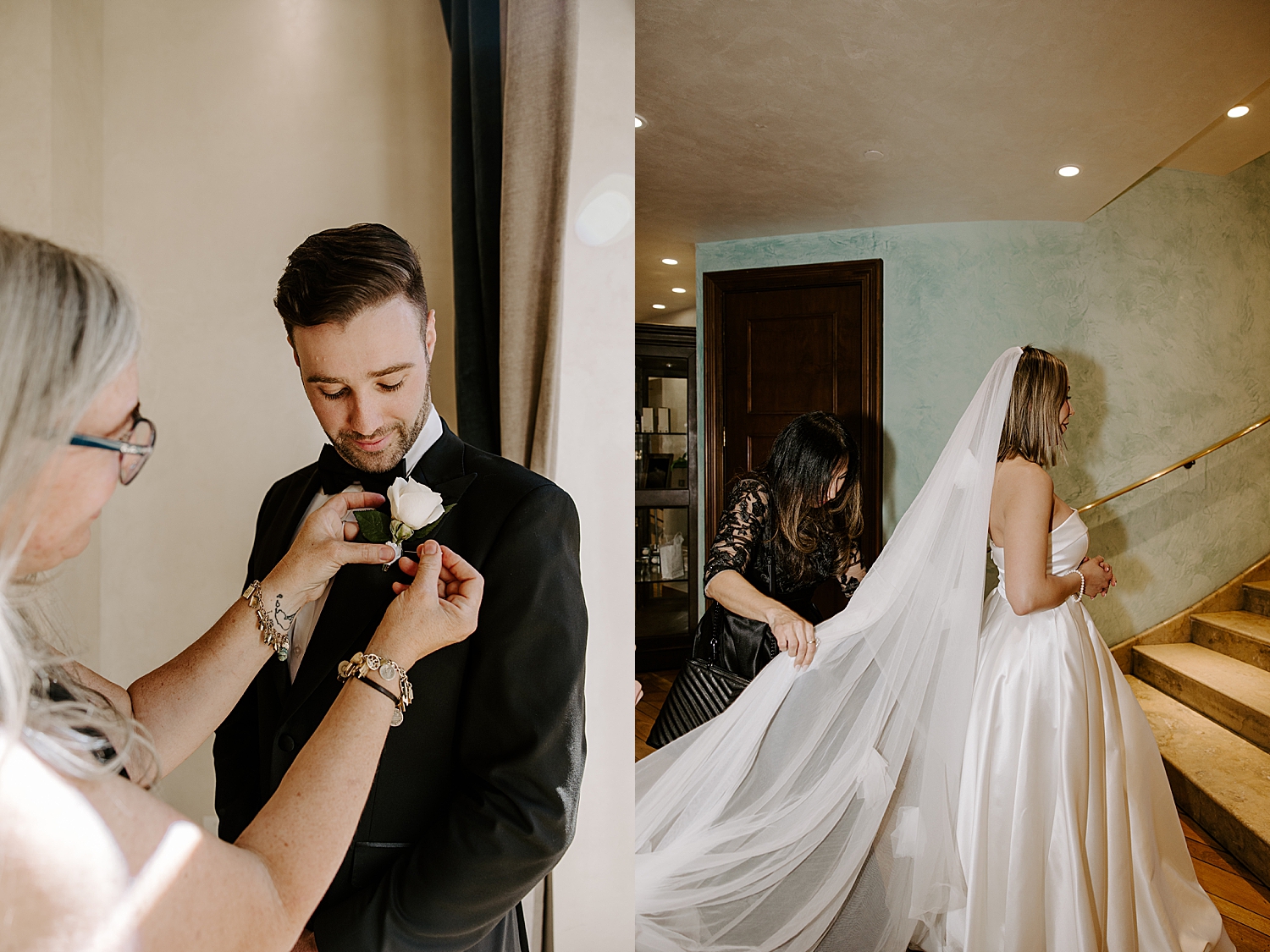 bride gets veil adjusted by stairs by Las vegas wedding photographer