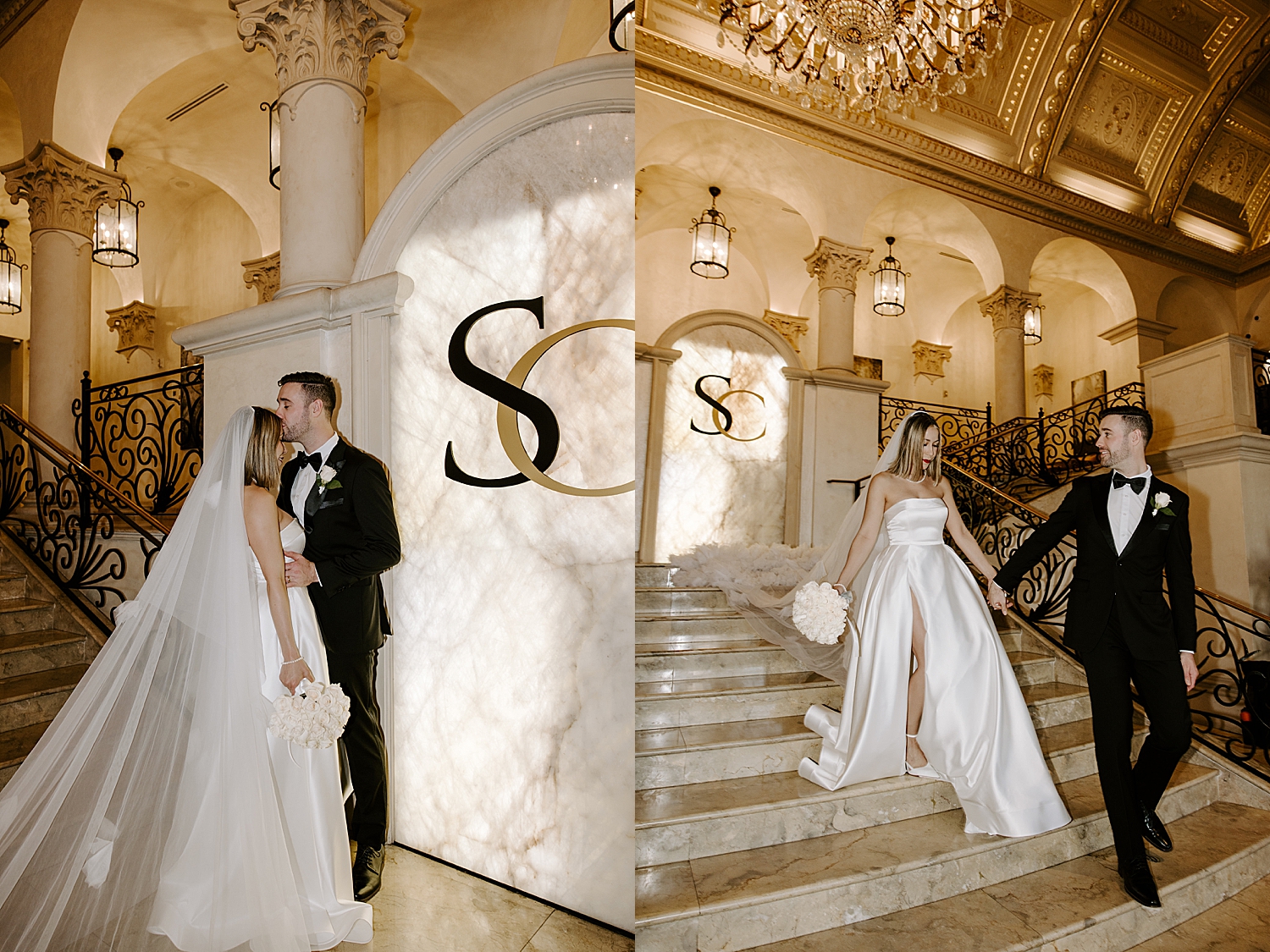 bride and groom walk down marble stairs at The Stirling Club