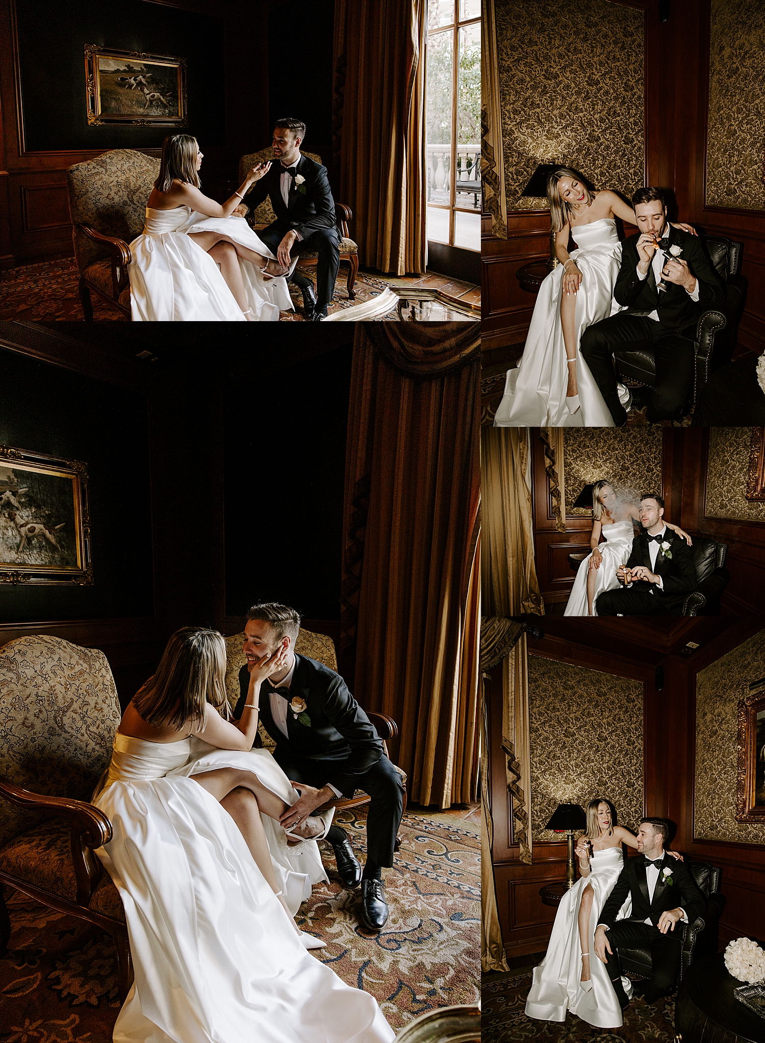 newlyweds share a cigar in palor at The Stirling Club