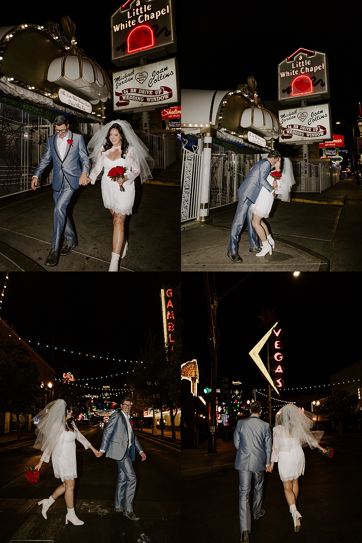 Newlyweds share a kiss outside their ceremony at little white chapel by Las Vegas wedding photographer
