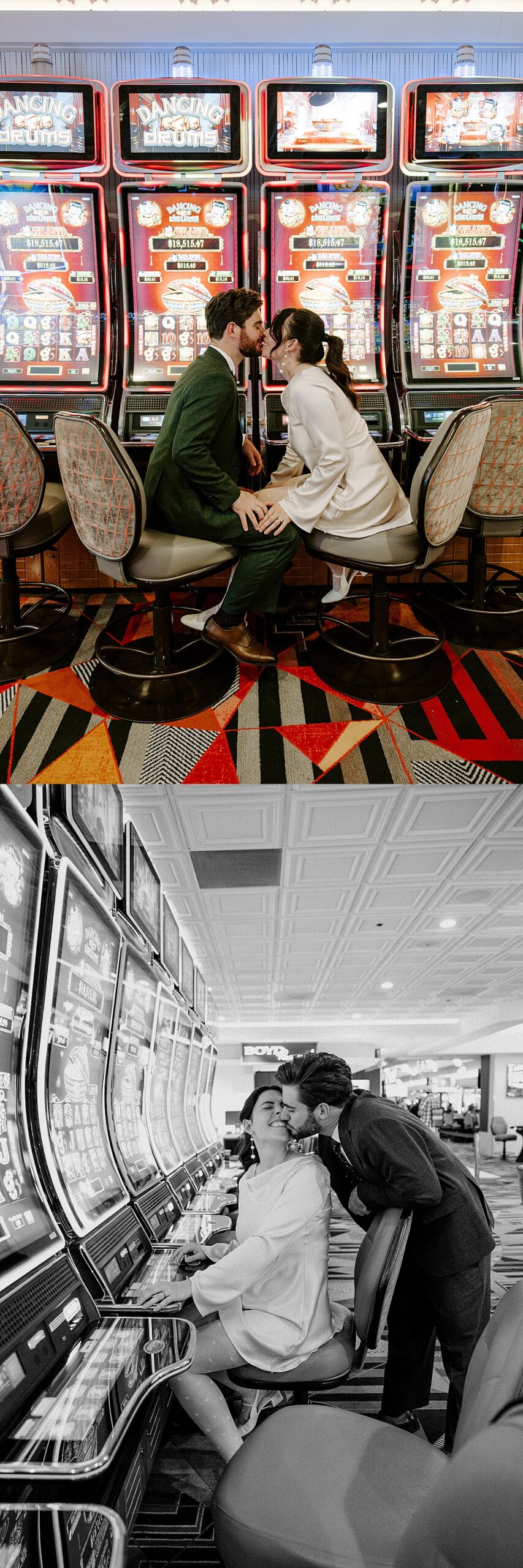 Man and woman kiss in front of casino slot machines by Katelyn Faye Photo
