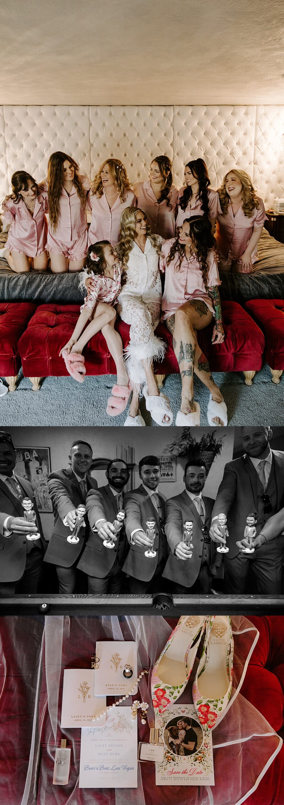Bride surrounded by bridesmaids and family in pink pajamas at Bear's Best