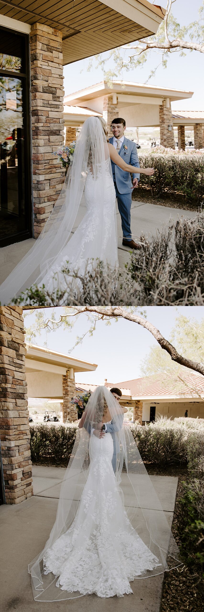 Man and woman embrace in a hug after seeing each other for the first time on their wedding day by Katelyn Faye Photography