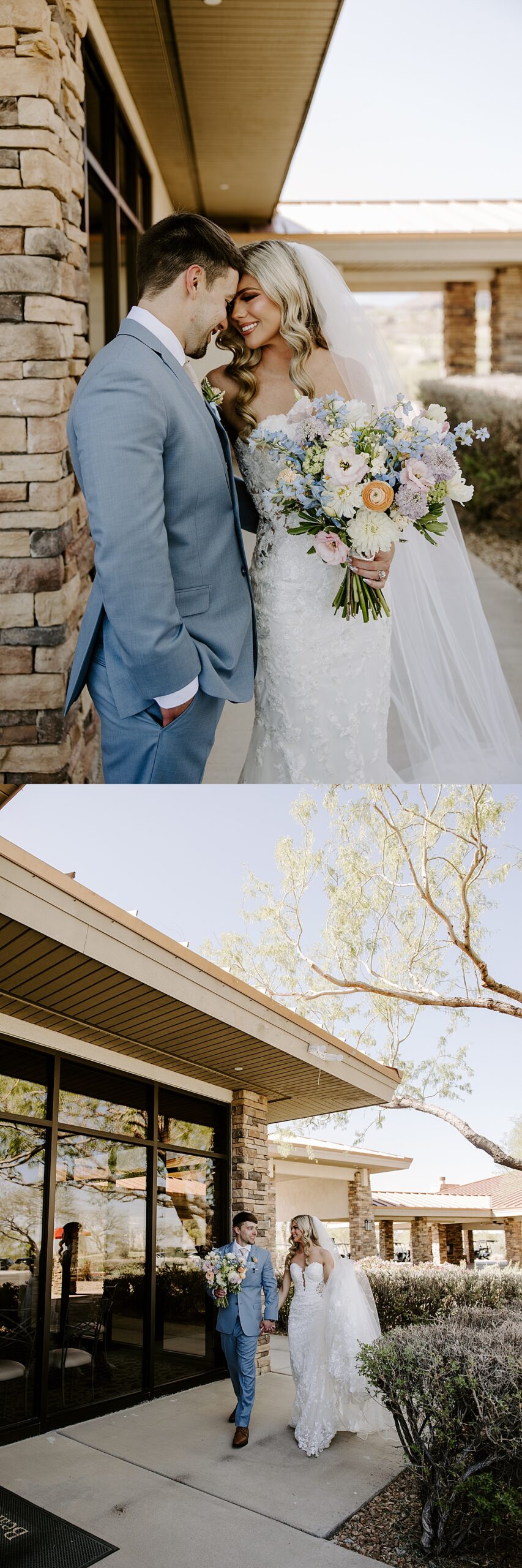 Couple lean in and touch heads together intimately while smiling by Las Vegas Wedding Photographer