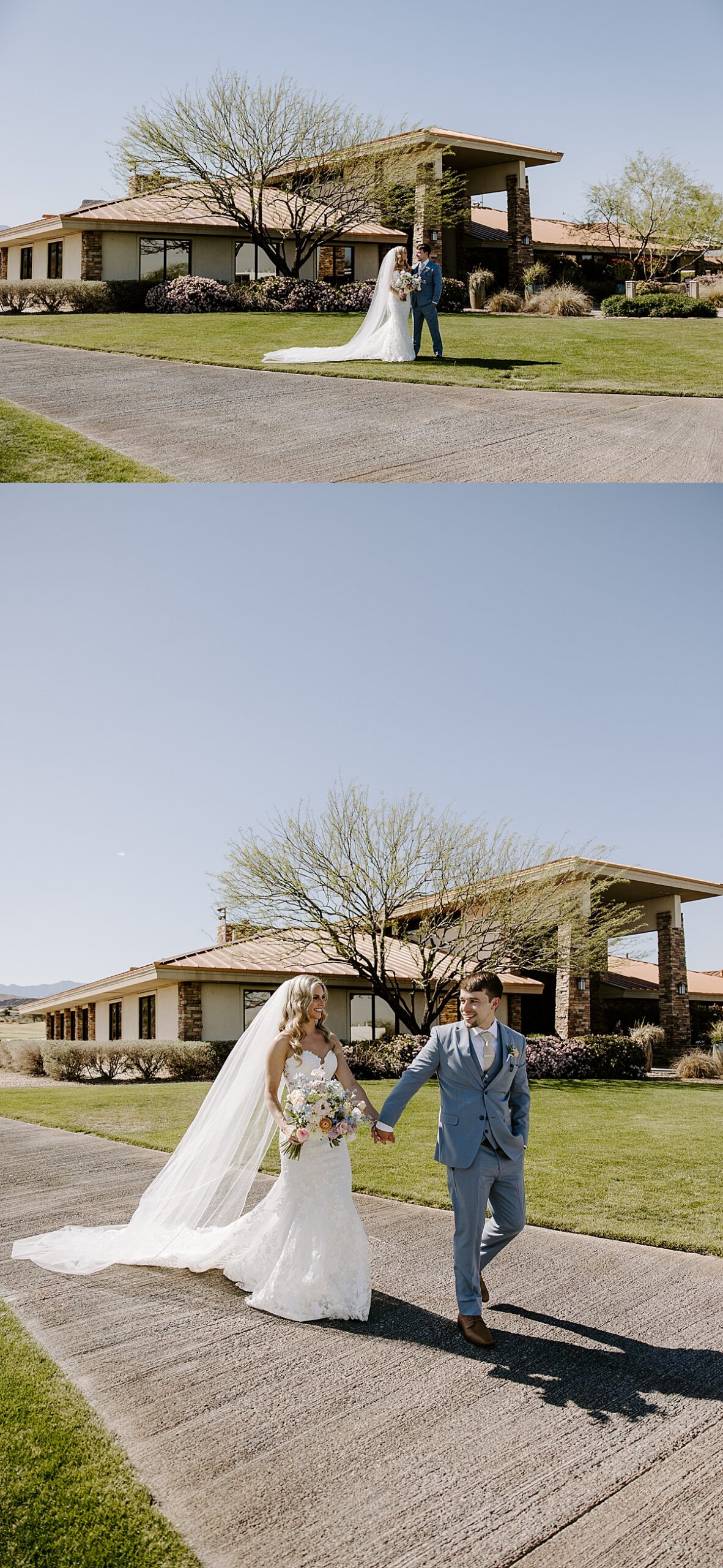 Bride and groom hold hands and walk in front of Bear's Best