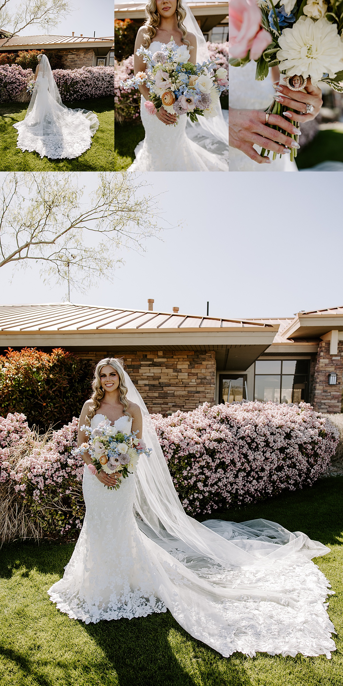 Woman's hands hold flower bouquet with sentimental photograph attached by Las Vegas Wedding Photographer