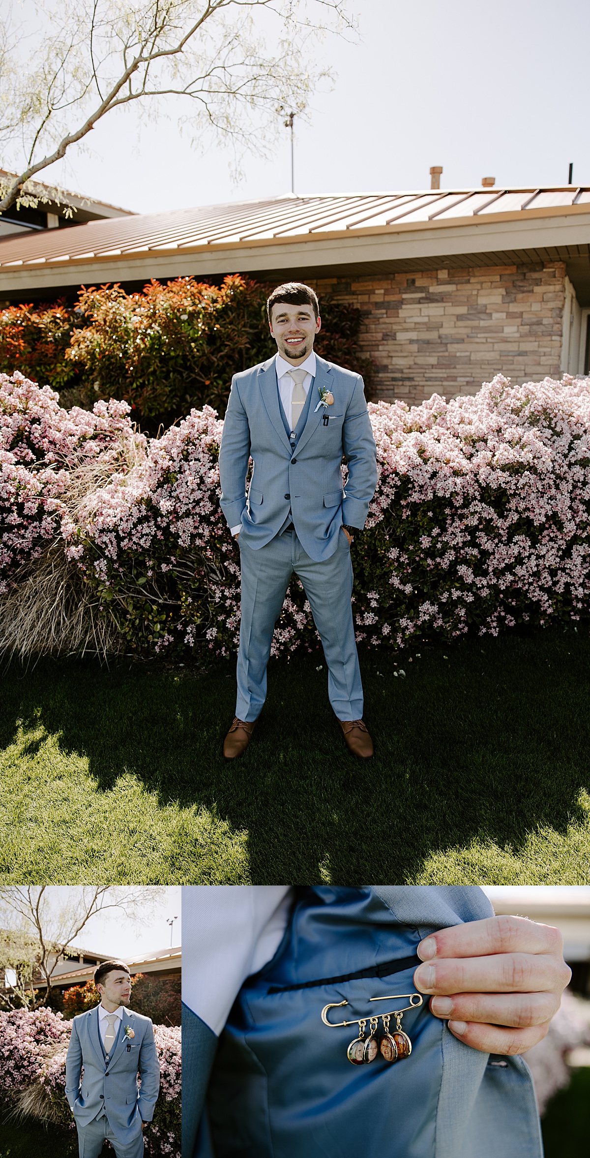 Groom stands with hands in pockets of a blue suit by Katelyn Faye Photography