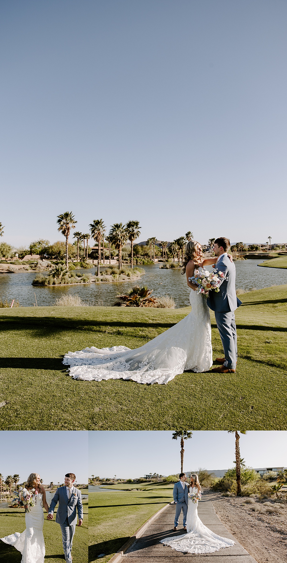 Partners hold hands and walk in front of a lake and palm trees at Bear's Best