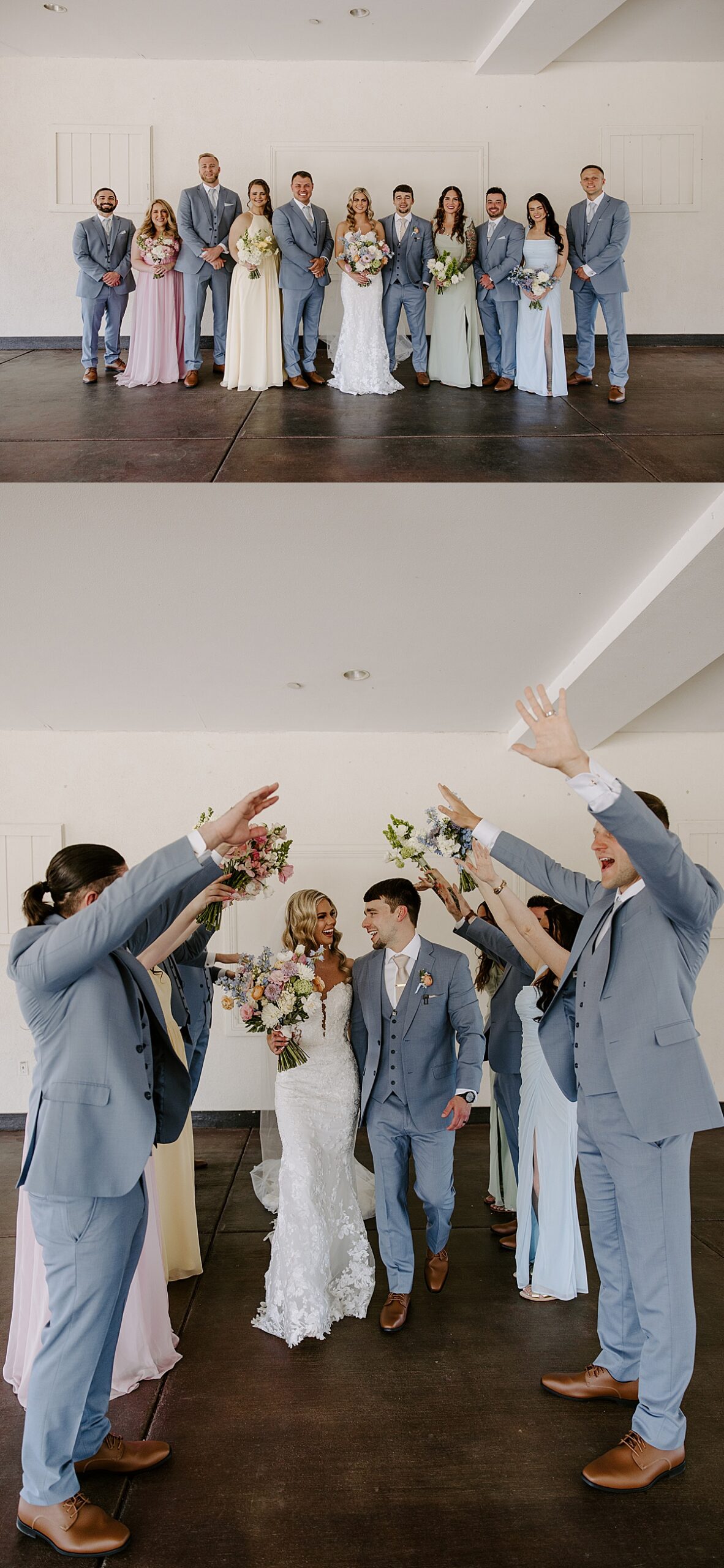 Wedding party make a tunnel with their hands for the bride and groom to walk through by Las Vegas Wedding Photographer