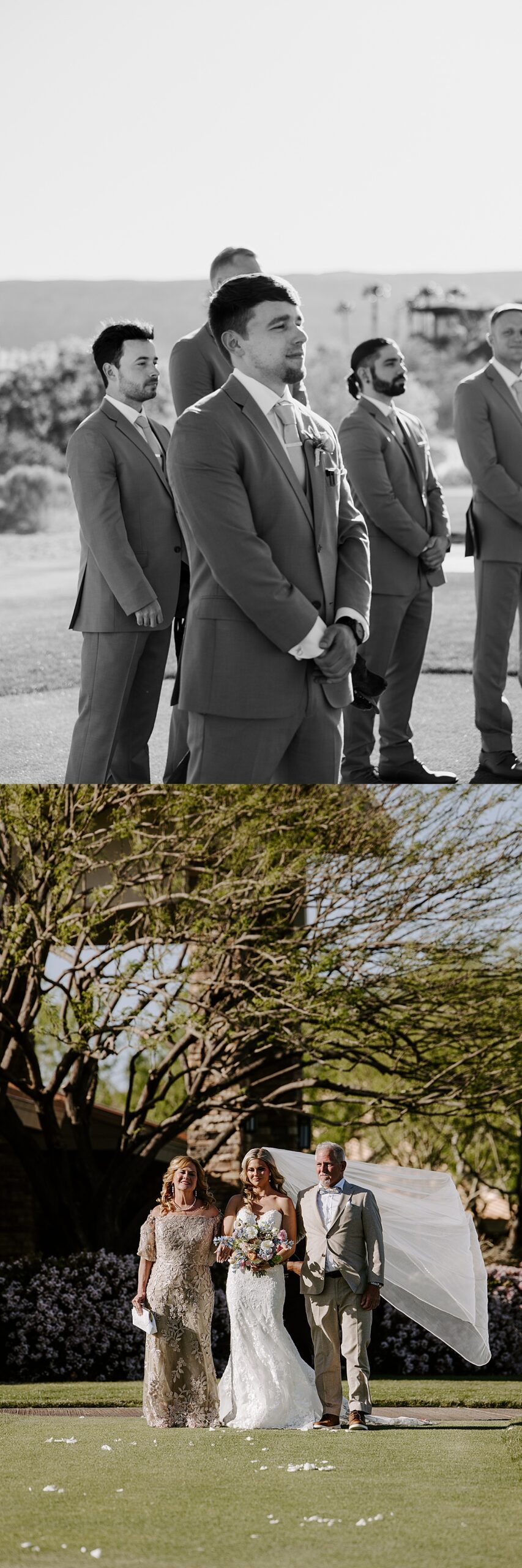 Groom watches his bride walk down the aisle toward him at Bear's Best