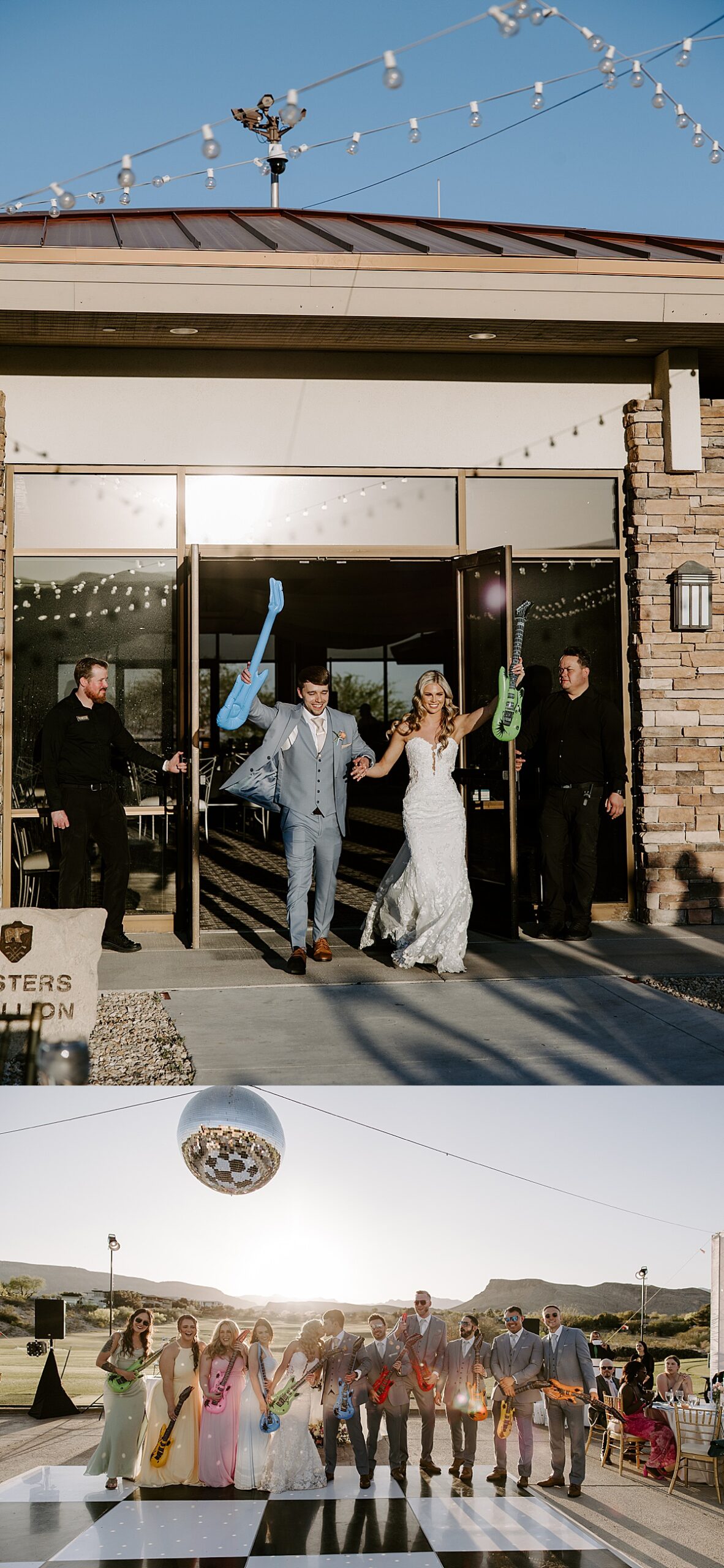 Newlyweds enter their reception with blowup guitars in hand by Las Vegas Wedding Photographer