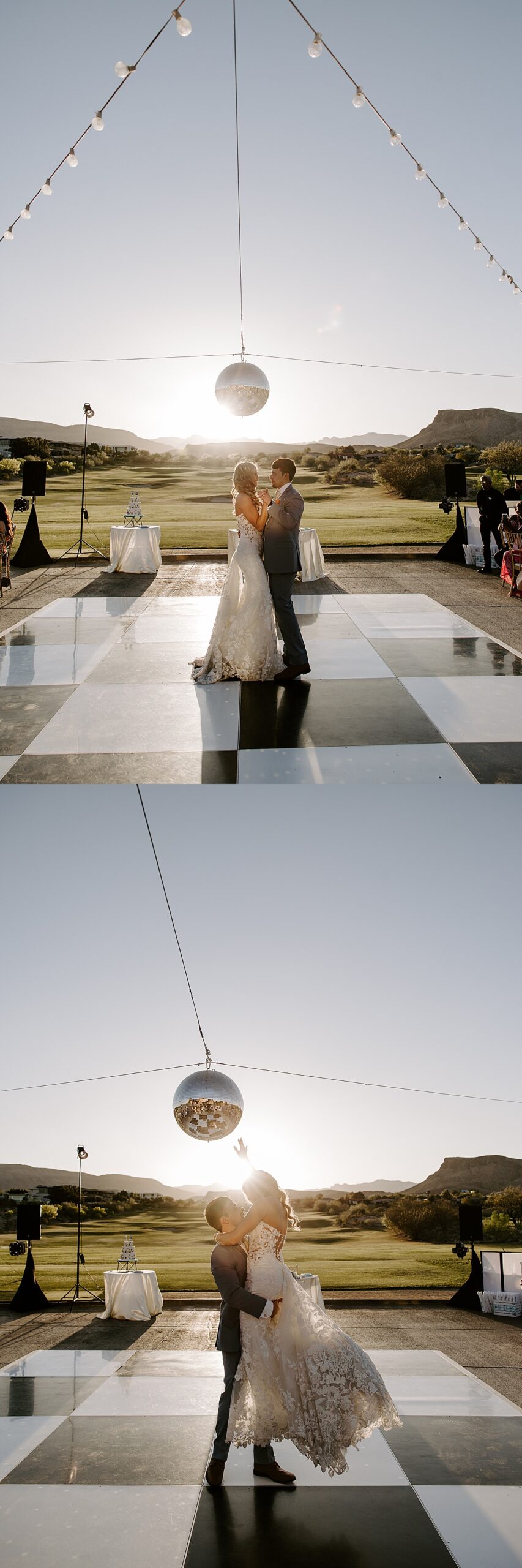 Couple dance under disco ball on checkered dance floor by Las Vegas Wedding Photographer