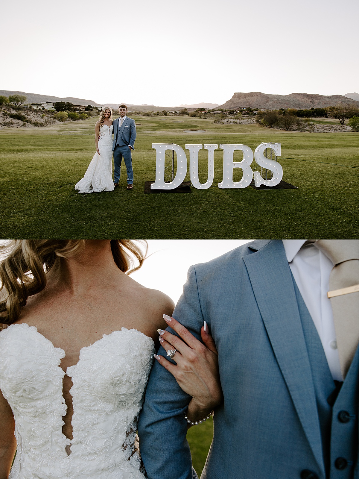 Couple smiles in front of "Dubs" sign by Katelyn Faye Photography