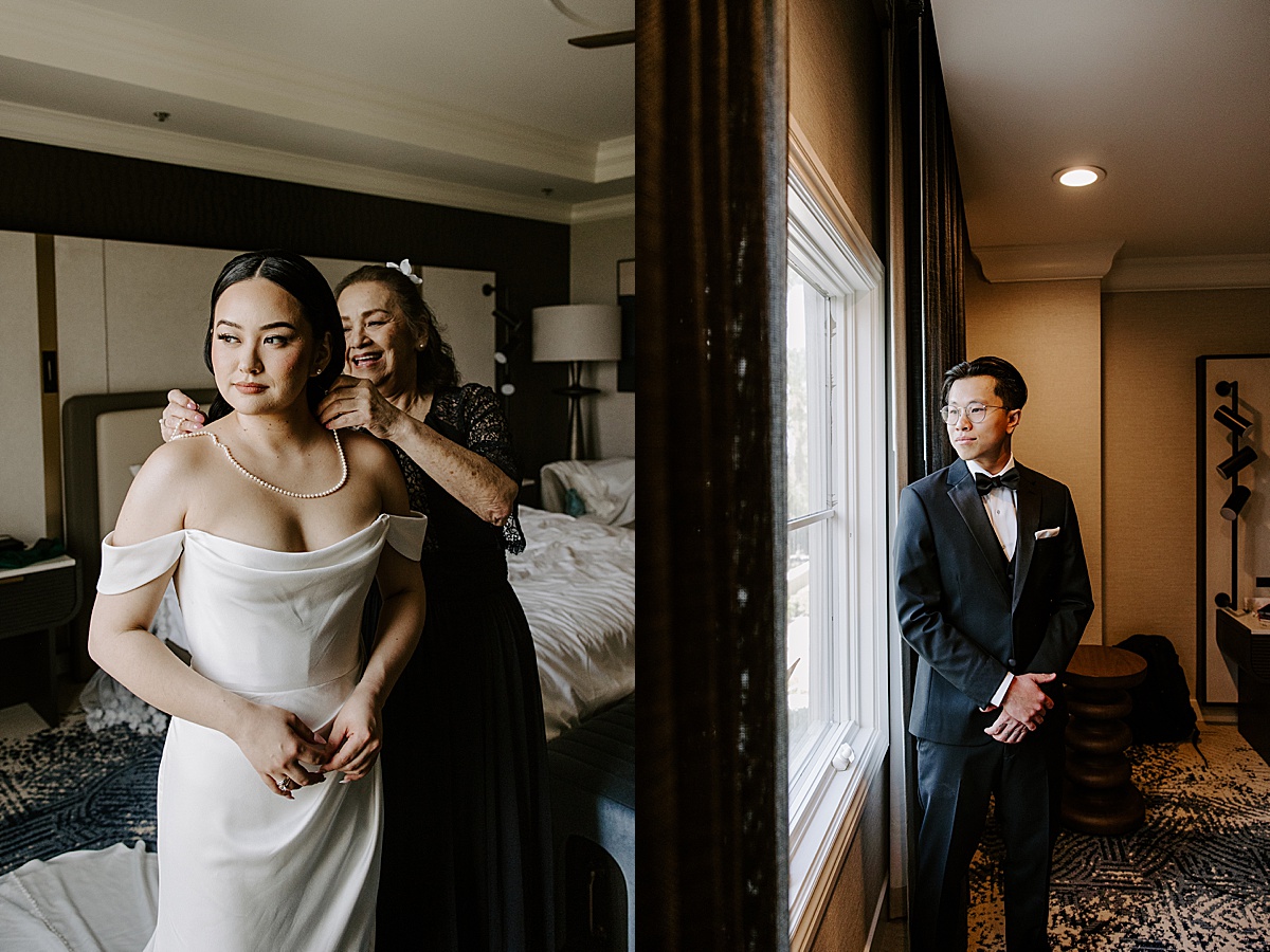 Mother helps bride put on her pearl necklace by Las Vegas wedding photographer