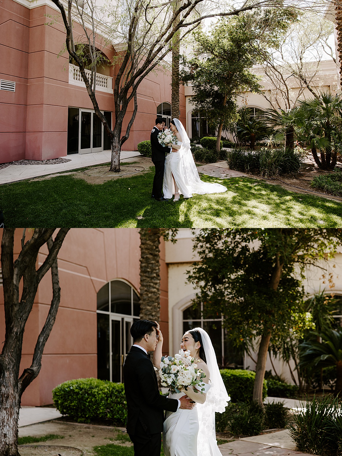 Couple embrace after first look surrounded by greenery at the JW Marriott