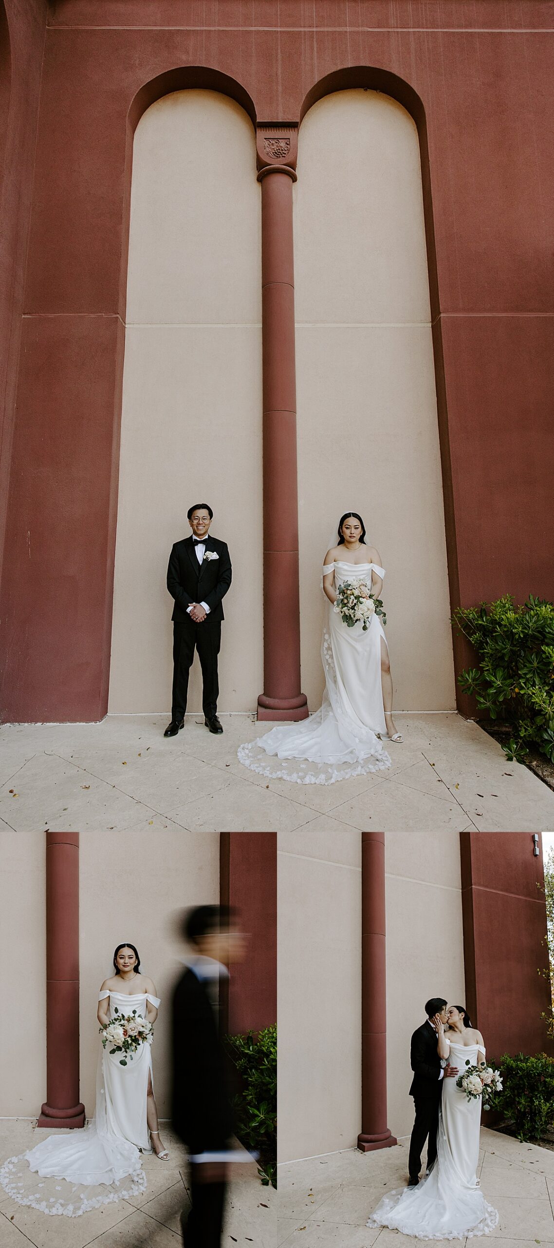 Couple kiss in front of terracotta arches by Las Vegas wedding photographer