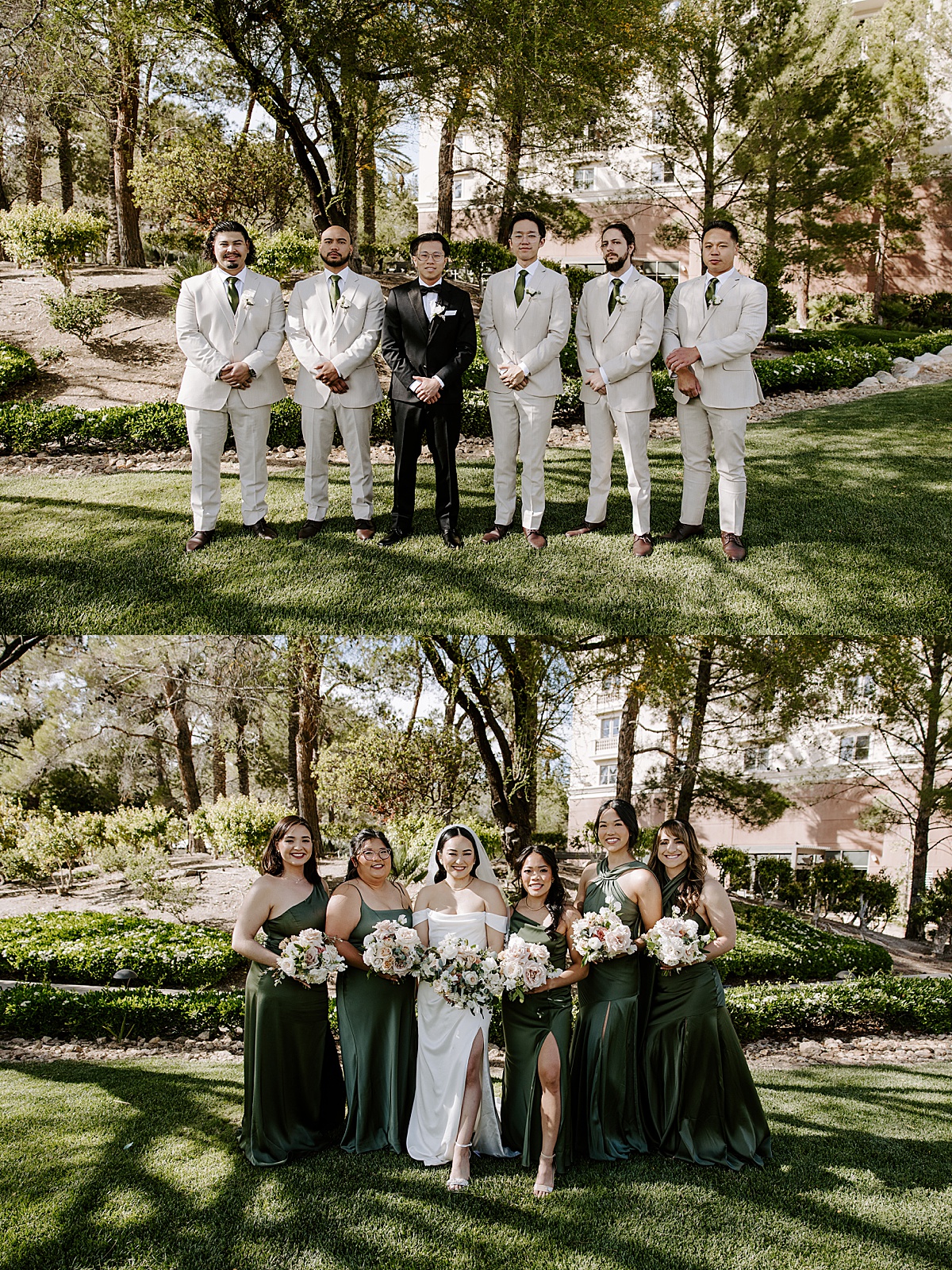 Bridesmaids dressed in green floor length dresses stand surrounded by greenery by Katelyn Faye Photo