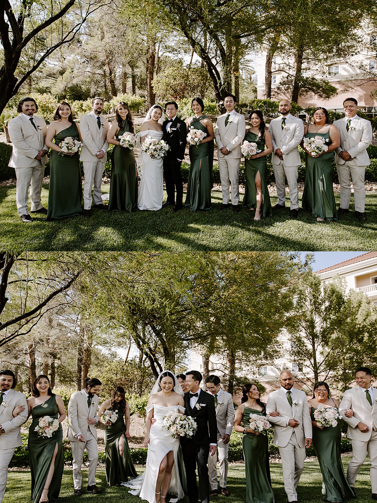 Wedding party dressed in green, laugh and walk through the grass at the JW Marriott