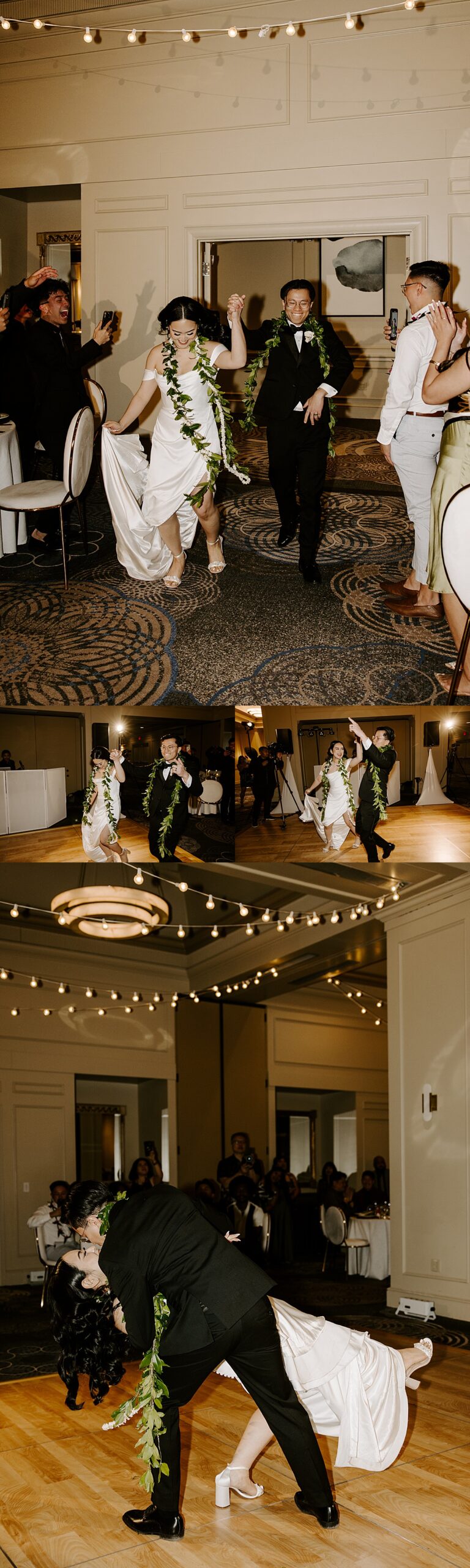 Man dips woman entering wedding reception by Las Vegas wedding photographer