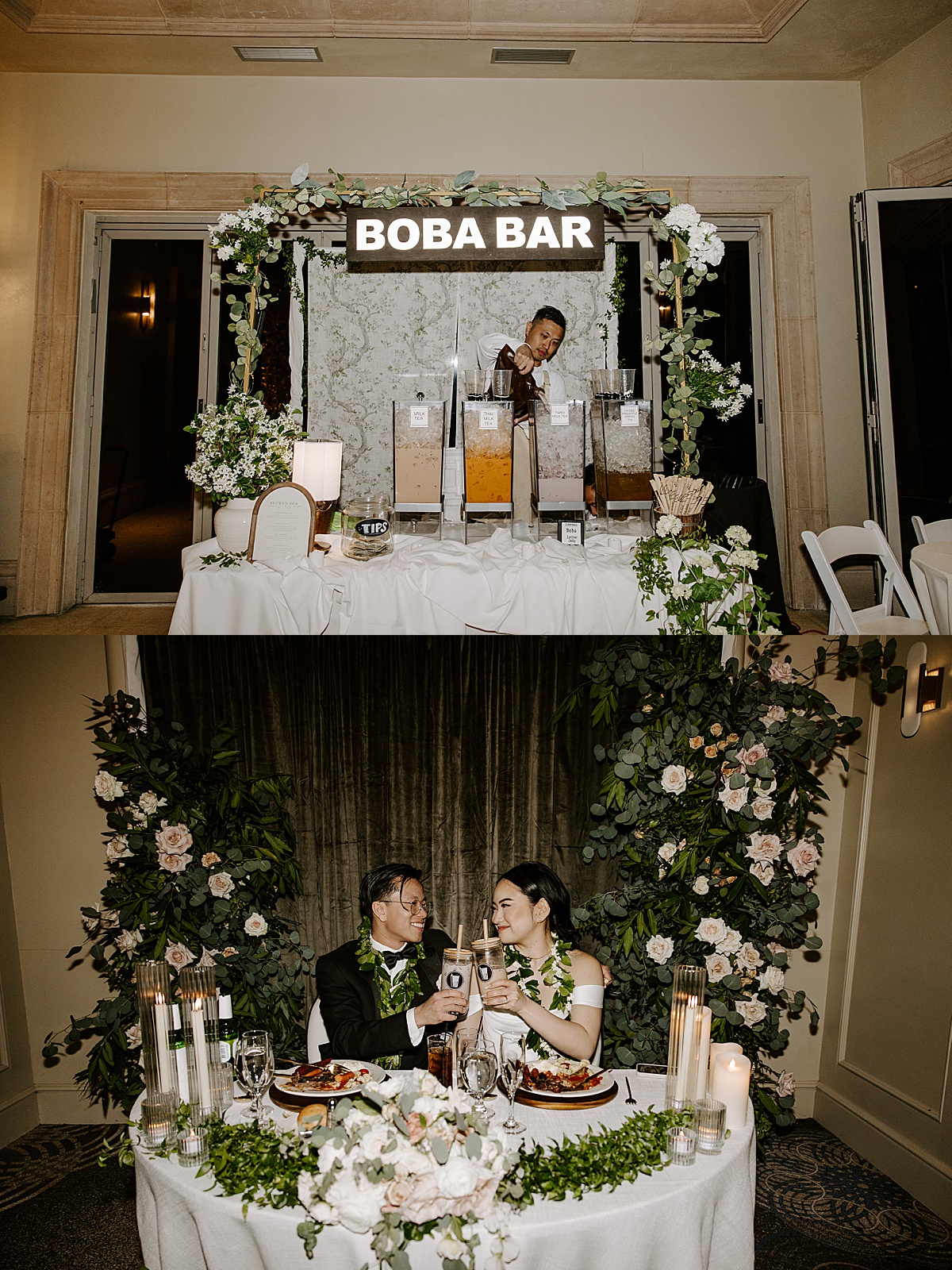 Couple cheers their boba tea at their sweetheart table by Katelyn Faye Photo