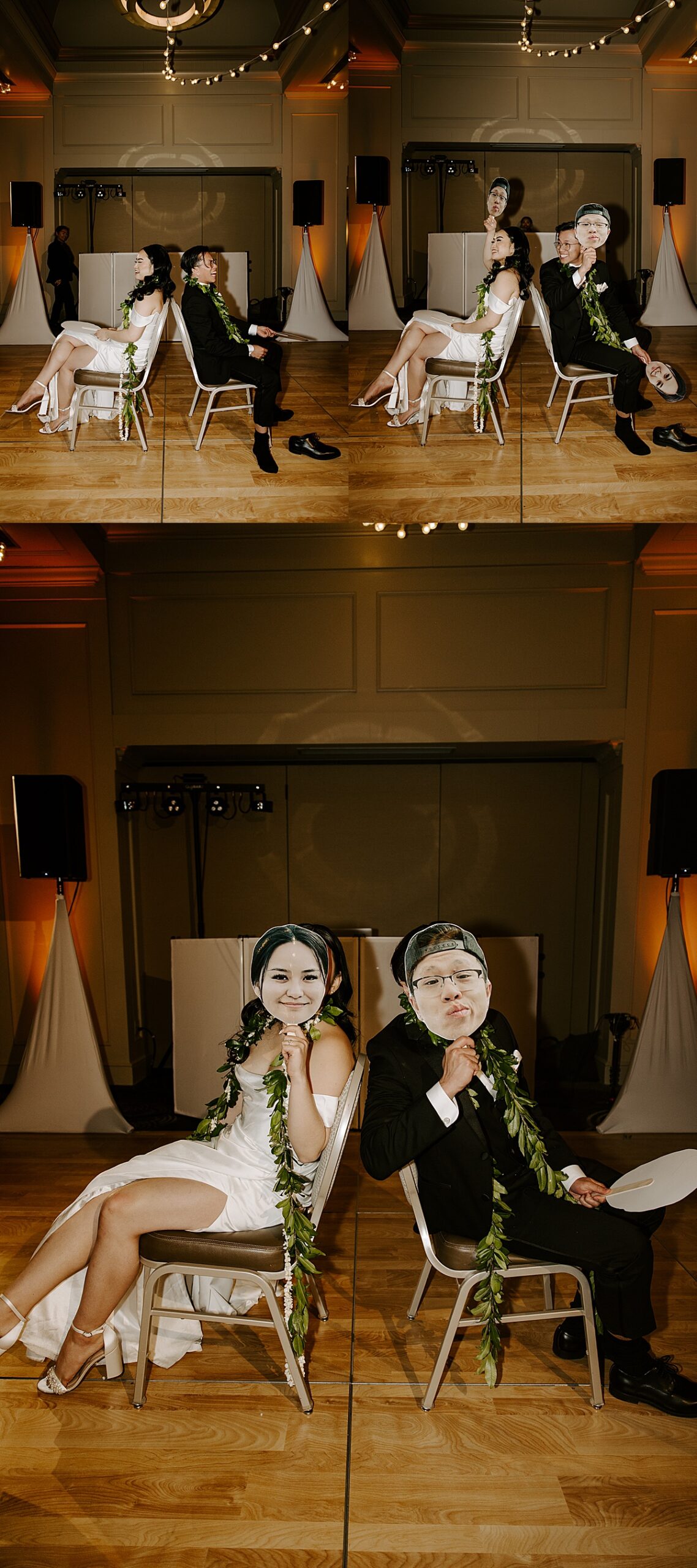 Man and woman sit as they play a wedding game that includes cardboard cutouts of their faces at the JW Marriott