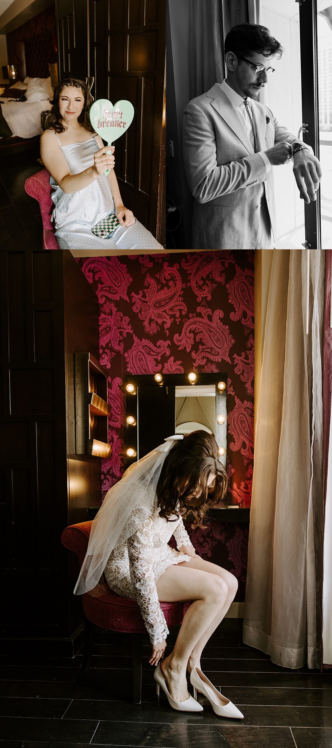 Bride puts on shoes before going to her Intimate Wedding at Little White Chapel