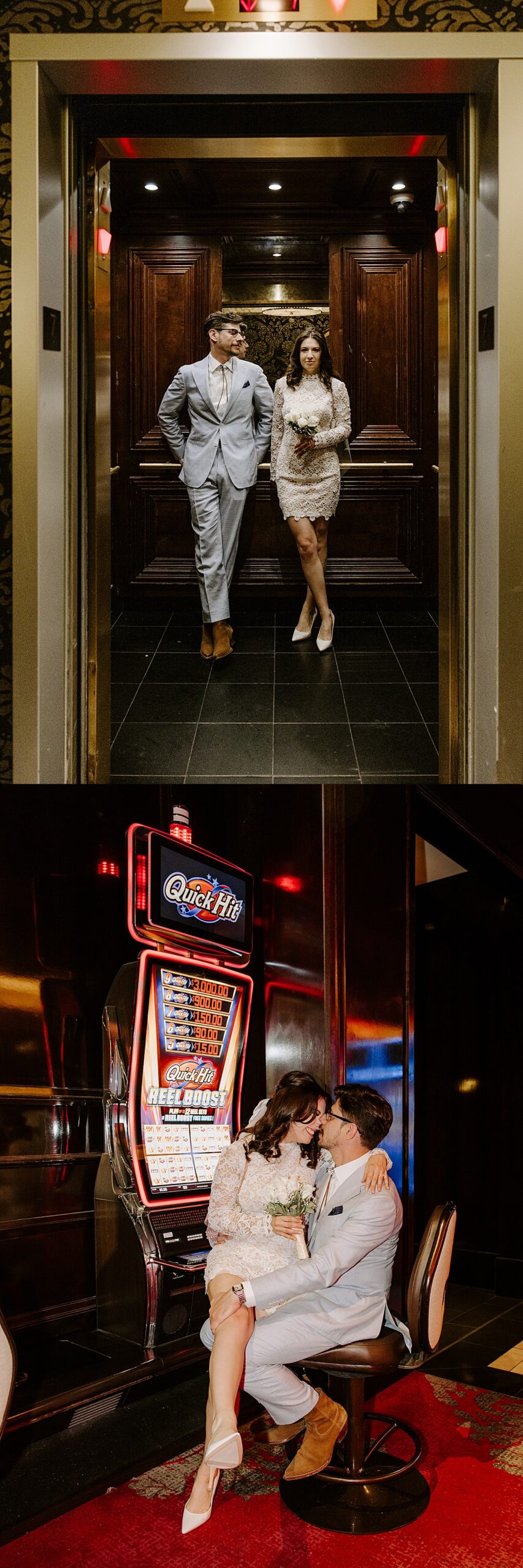 Couple stands in a gold elevator on their way to their Intimate Wedding at Little White Chapel