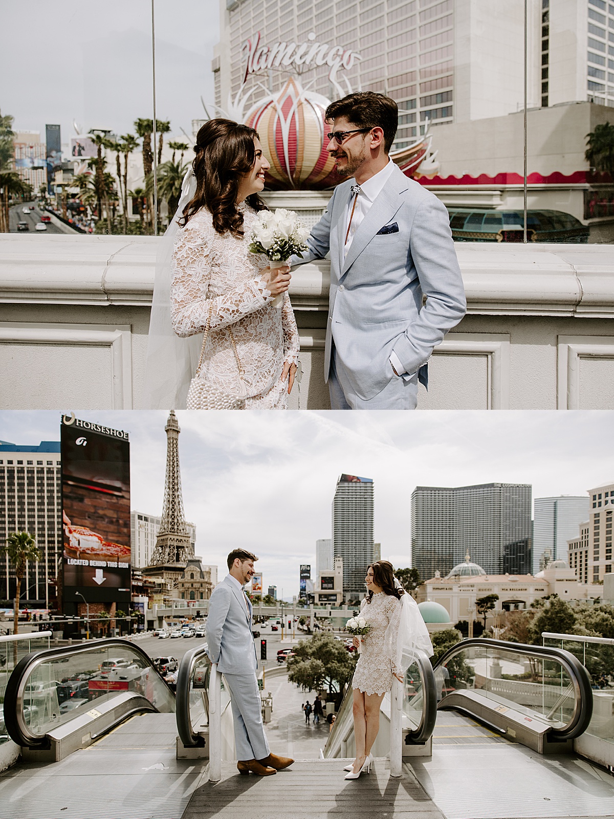 Couple pose in front of escalators on the strip by las vegas wedding photographer