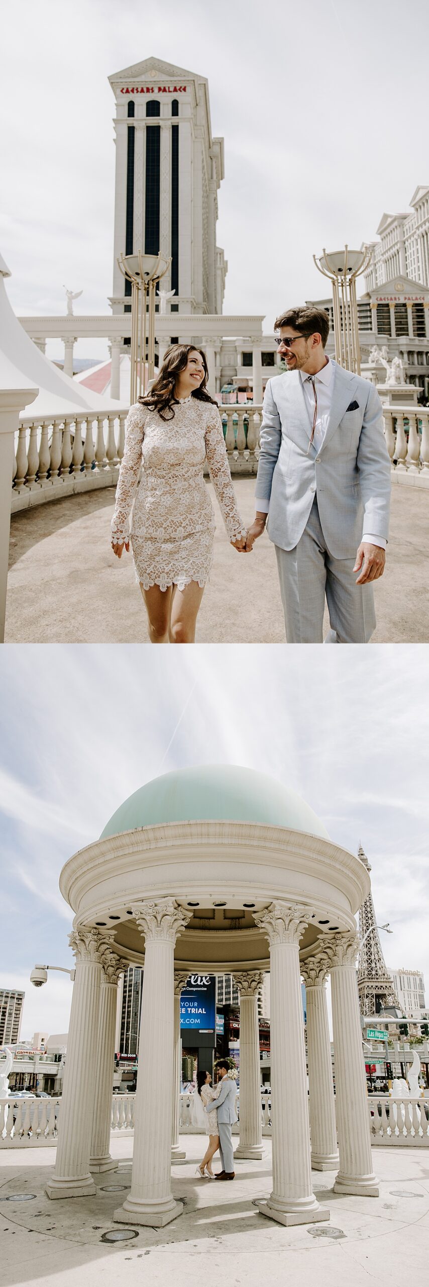 Man holds woman's hand on the Vegas strip going to their Intimate Wedding at Little White Chapel