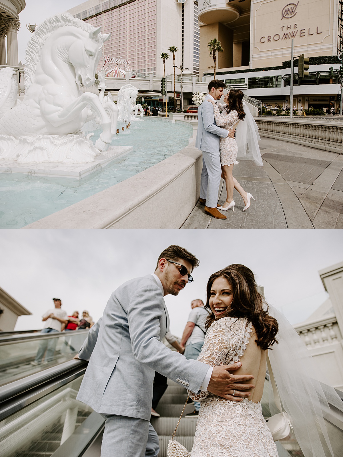 Bride & groom pose in front of the Cromwell fountain by las vegas wedding photographer