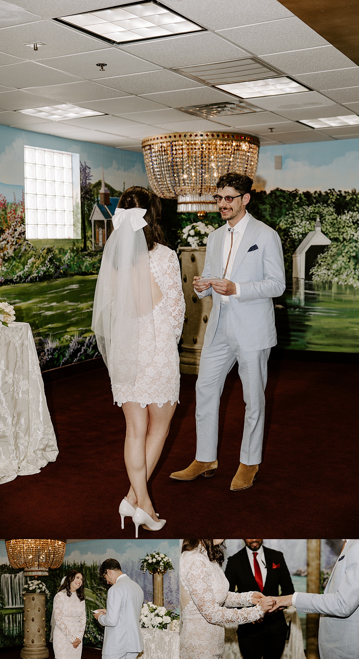 Groom smiles as he reads his vows during his Intimate Wedding at Little White Chapel
