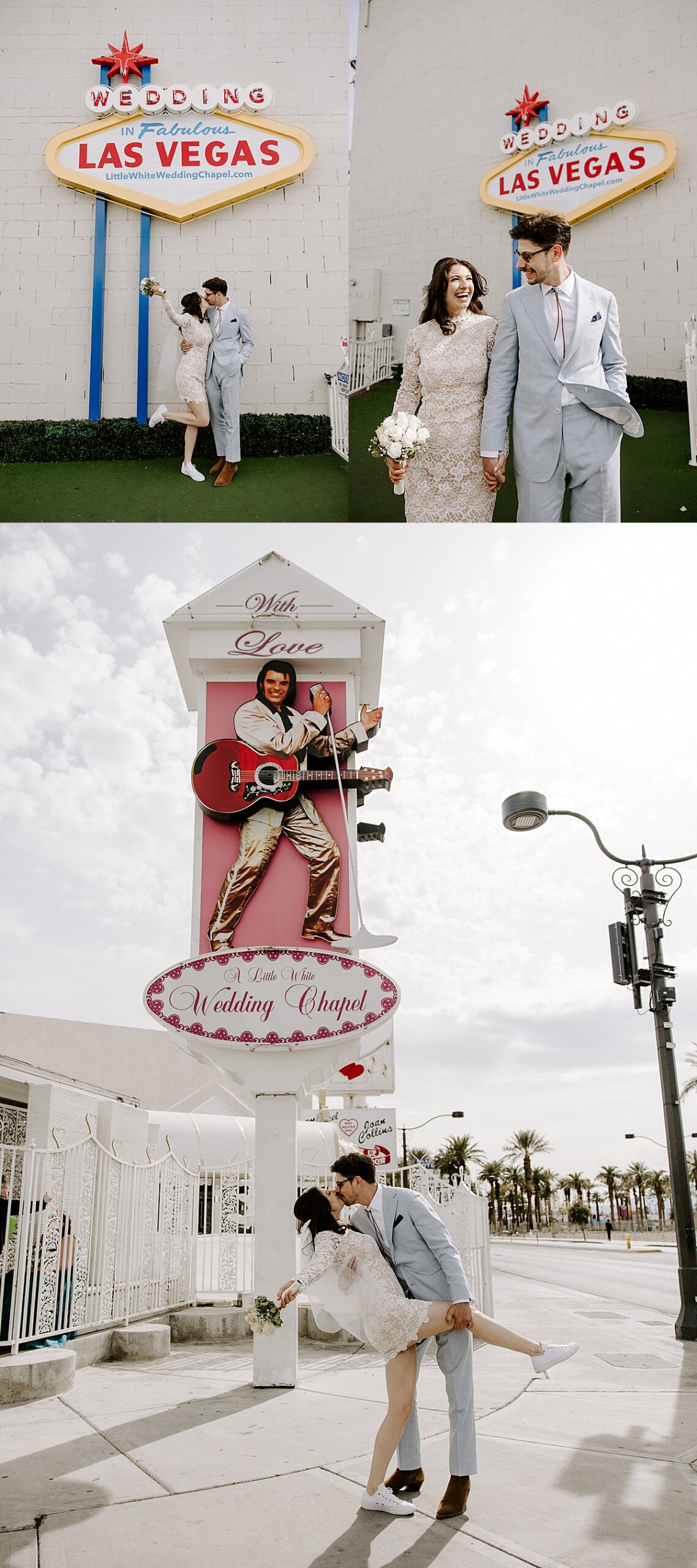 Man dips woman while kissing in front of giant elvis sign by las vegas wedding photographer