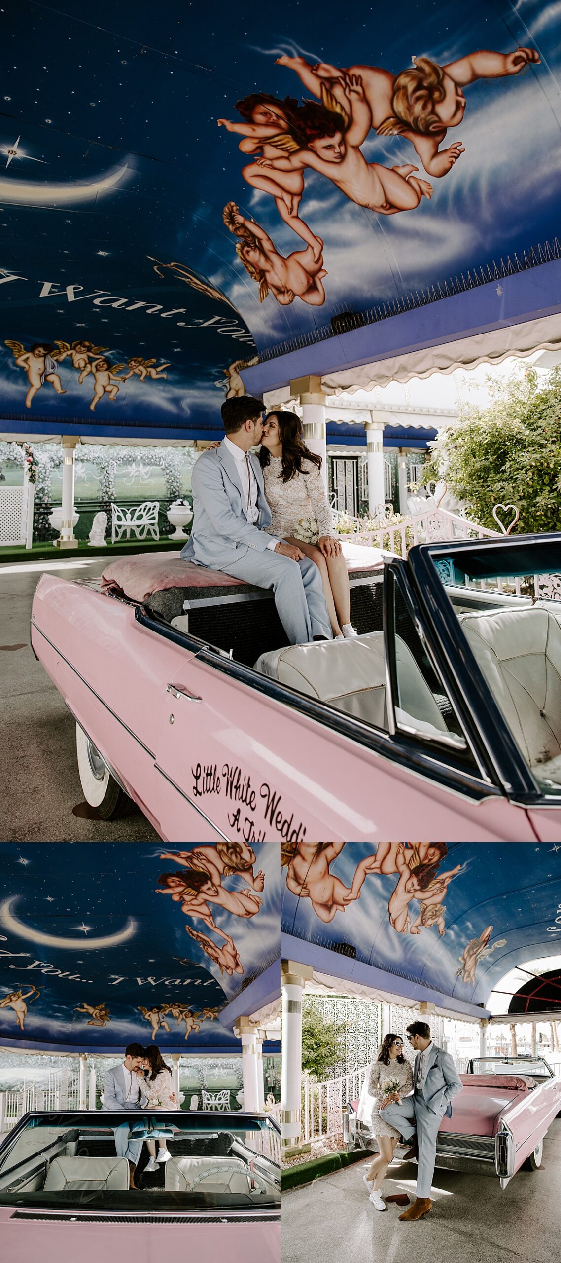 Couple sits in the back of a pink convertible after their Intimate Wedding at Little White Chapel